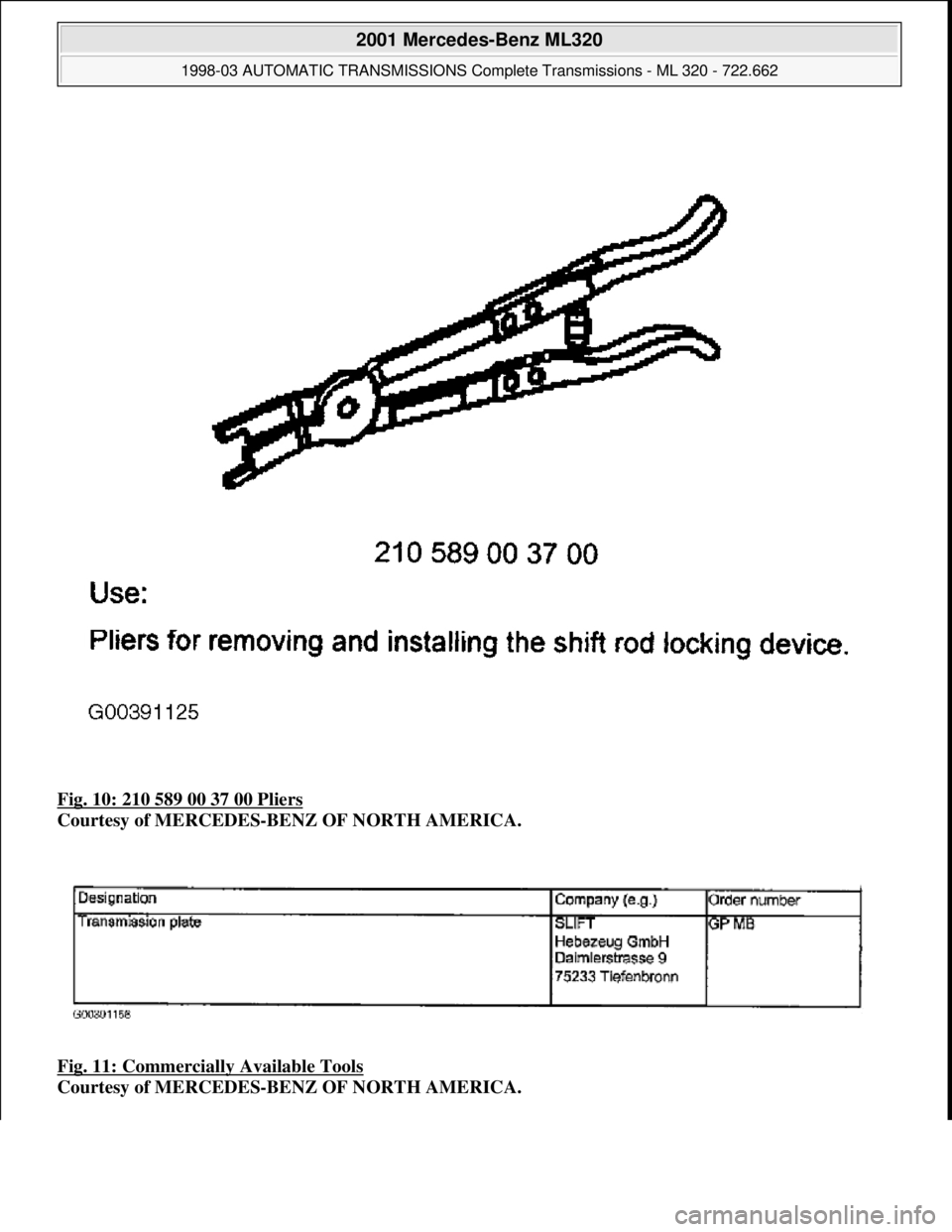MERCEDES-BENZ ML320 1997  Complete Repair Manual Fig. 10: 210 589 00 37 00 Pliers 
Courtesy of MERCEDES-BENZ OF NORTH AMERICA. 
Fig. 11: Commercially Available Tools
 
Courtesy of MERCEDES-BENZ OF NORTH AMERICA.
 
2001 Mercedes-Benz ML320 
1998-03 A