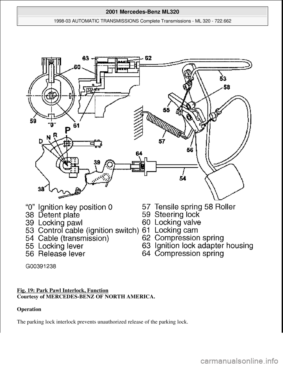 MERCEDES-BENZ ML320 1997  Complete Repair Manual Fig. 19: Park Pawl  Interlock, Function  
Courtesy of MERCEDES-BENZ OF NORTH AMERICA.    
Operation     
The parking lock interlock prevents una  uthorized release of the parking lock.
 
2001 Mercedes