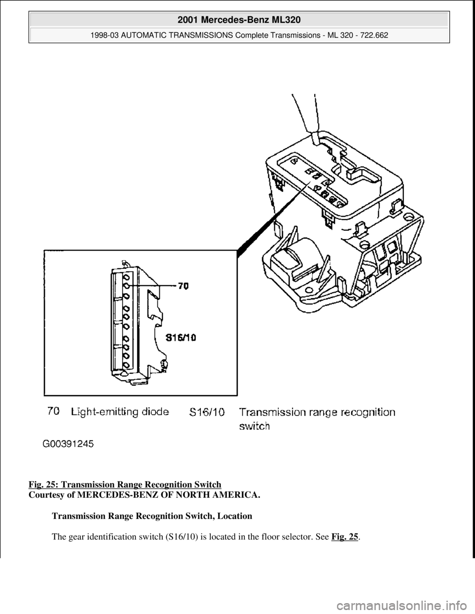 MERCEDES-BENZ ML320 1997  Complete Repair Manual Fig. 25: Transmission Ra nge Recognition Switch  
Courtesy of MERCEDES-BENZ OF NORTH AMERICA.    
Transmission Range Recognition Switch, Location  
  
The 
gear identification switch   (S16/10) is loc
