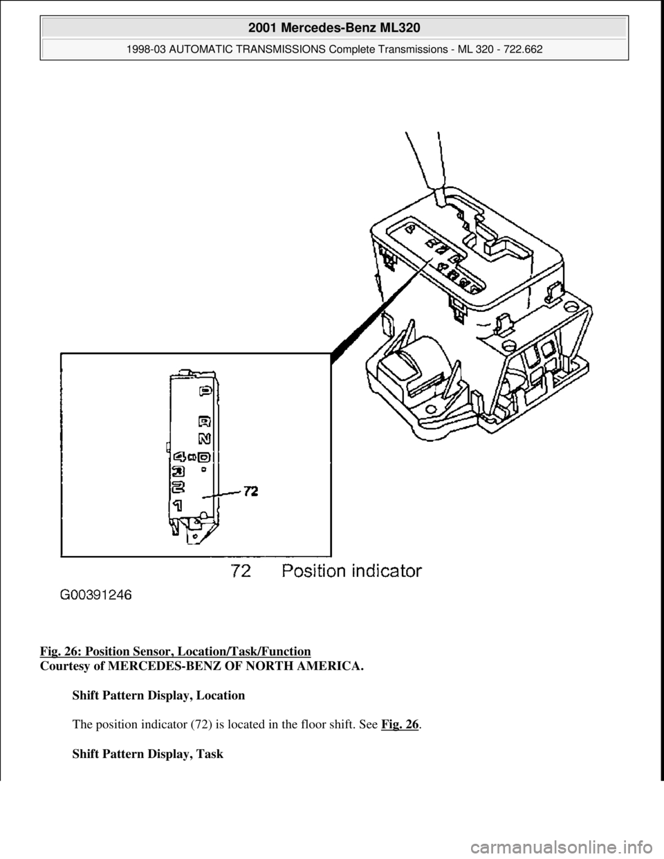 MERCEDES-BENZ ML320 1997  Complete Repair Manual Fig. 26: Position Sensor, Location/Task/Function 
Courtesy of MERCEDES-BENZ OF NORTH AMERICA. 
Shift Pattern Display, Location 
 
The position indicator (72) is located in the floor shift. See Fig. 26
