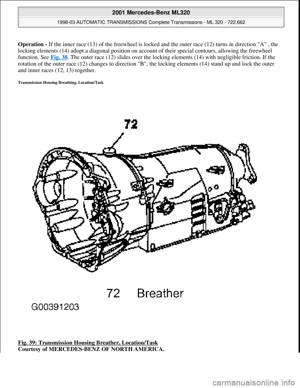 MERCEDES-BENZ ML320 1997  Complete Repair Manual Operation - If the inner race (13) of the freewheel is locked and the outer race (12) turns in direction "A" , the 
locking elements (14) adopt a diagonal position on account of their special contours
