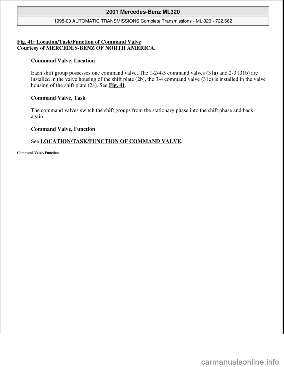 MERCEDES-BENZ ML320 1997  Complete Repair Manual Fig. 41: Location/Task/Function of Command Valve
Courtesy of MERCEDES-BENZ OF NORTH AMERICA. 
Command Valve, Location 
 
Each shift group possesses one command valve. The 1-2/4-5 command valves (31a) 