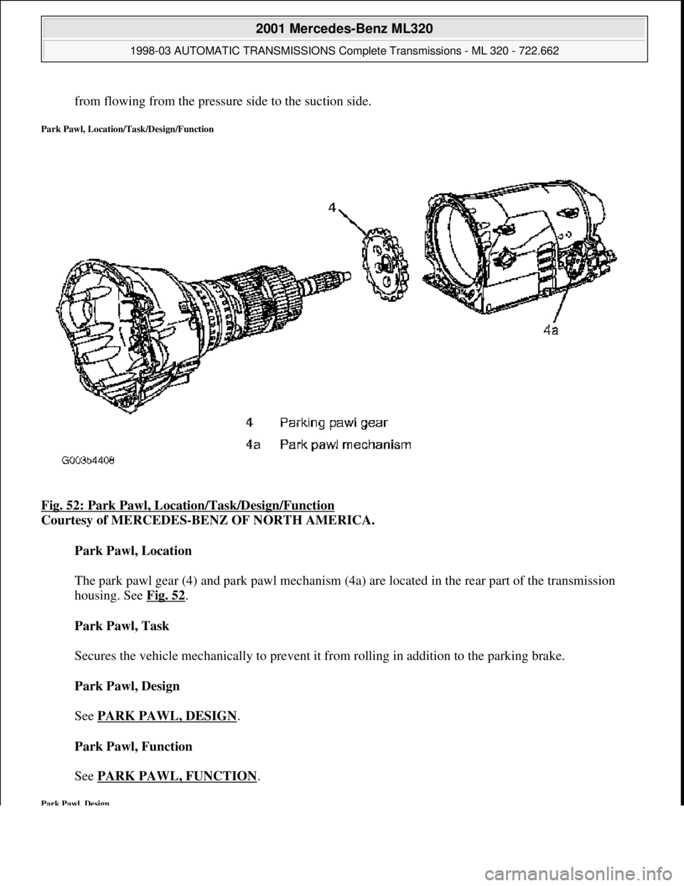 MERCEDES-BENZ ML320 1997  Complete Repair Manual from flowing from the pressure side to the suction side. 
Park Pawl, Location/Task/Design/Function 
Fig. 52: Park Pawl, Location/Task/Design/Function  
Courtesy of MERCEDES-BENZ OF NORTH AMERICA.    
