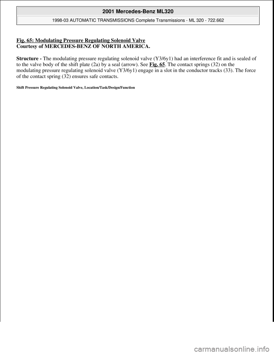 MERCEDES-BENZ ML320 1997  Complete Repair Manual Fig. 65: Modulating Pressure Regulating Solenoid Valve
Courtesy of MERCEDES-BENZ OF NORTH AMERICA. 
Structure - The modulating pressure regulating solenoid valve (Y3/6y1) had an interference fit and i