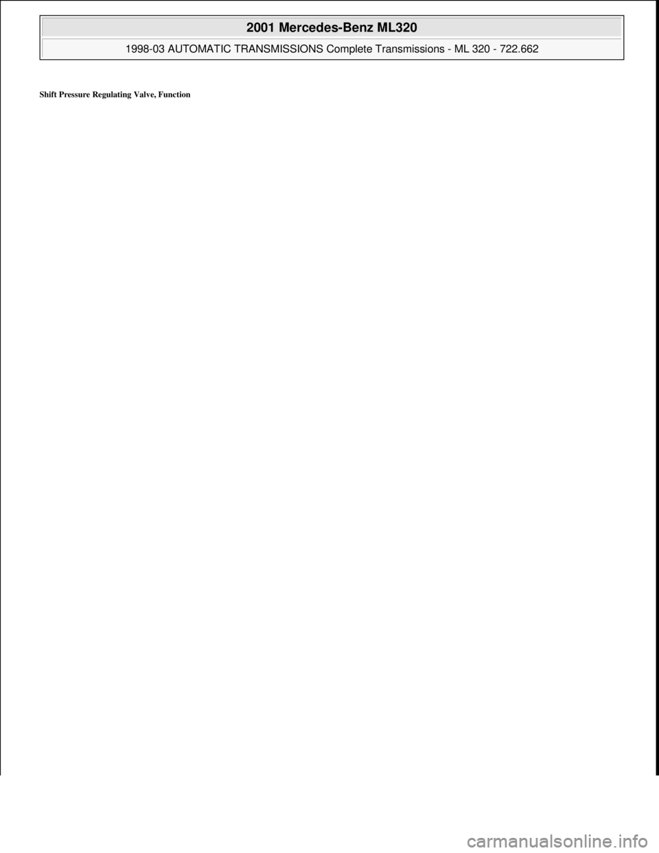 MERCEDES-BENZ ML320 1997  Complete Repair Manual Shift Pressure Regulating Valve, Function 
 
2001 Mercedes-Benz ML320 
1998-03 AUTOMATIC TRANSMISSIONS Complete Transmissions - ML 320 - 722.662  
me  
Saturday, October 02, 2010 3:15:27 PMPage 123 ©