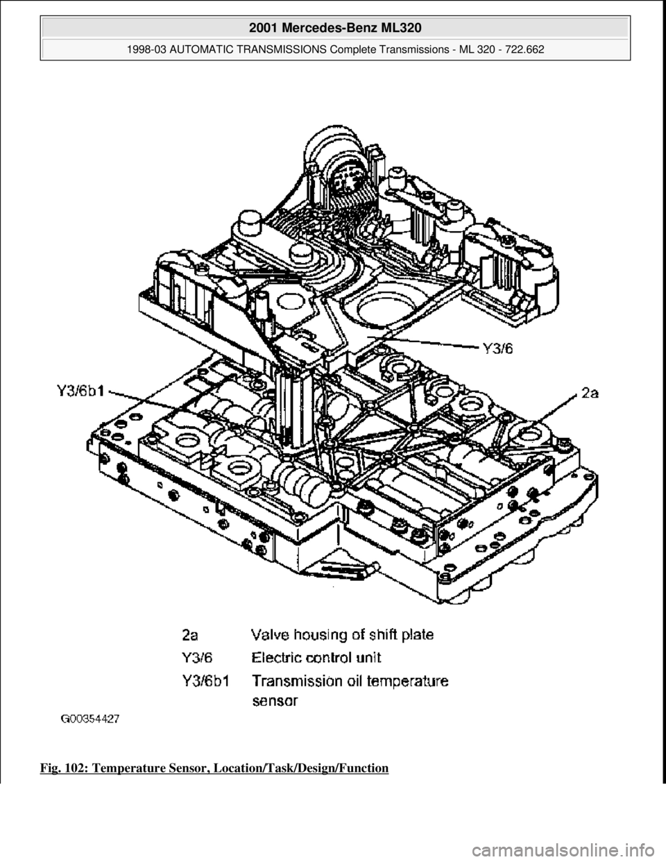 MERCEDES-BENZ ML320 1997  Complete Repair Manual Fig. 102: Temperature Sensor, Location/Task/Design/Function
 
2001 Mercedes-Benz ML320 
1998-03 AUTOMATIC TRANSMI SSIONS Complete Transmissions - ML 320 - 722.662  
me  
Saturday, October 02, 2010 3:1