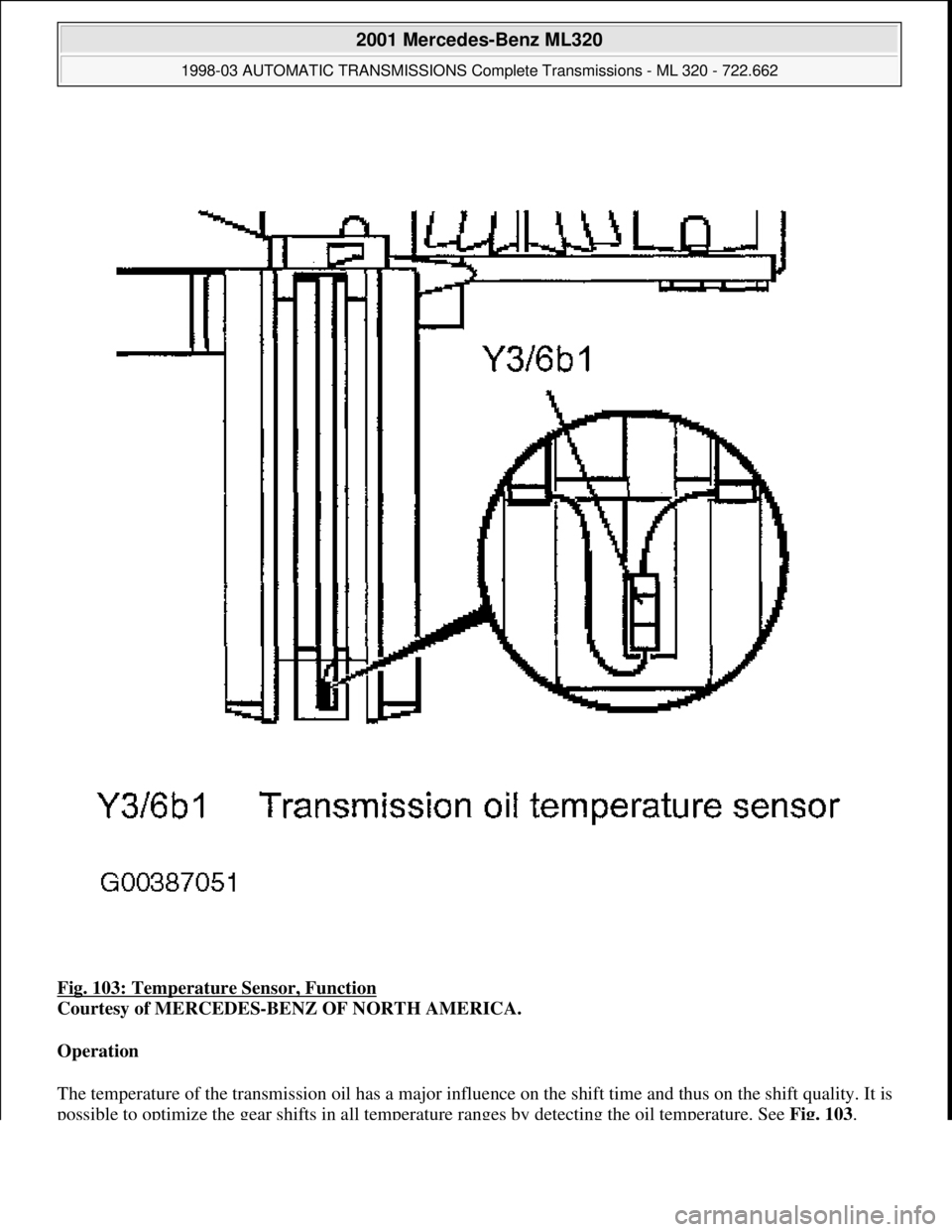 MERCEDES-BENZ ML320 1997  Complete Repair Manual Fig. 103: Temperature Sensor, Function 
Courtesy of MERCEDES-BENZ OF NORTH AMERICA. 
Operation  
The temperature of the transmission oil has a major influence on the shift time and thus on the shift q