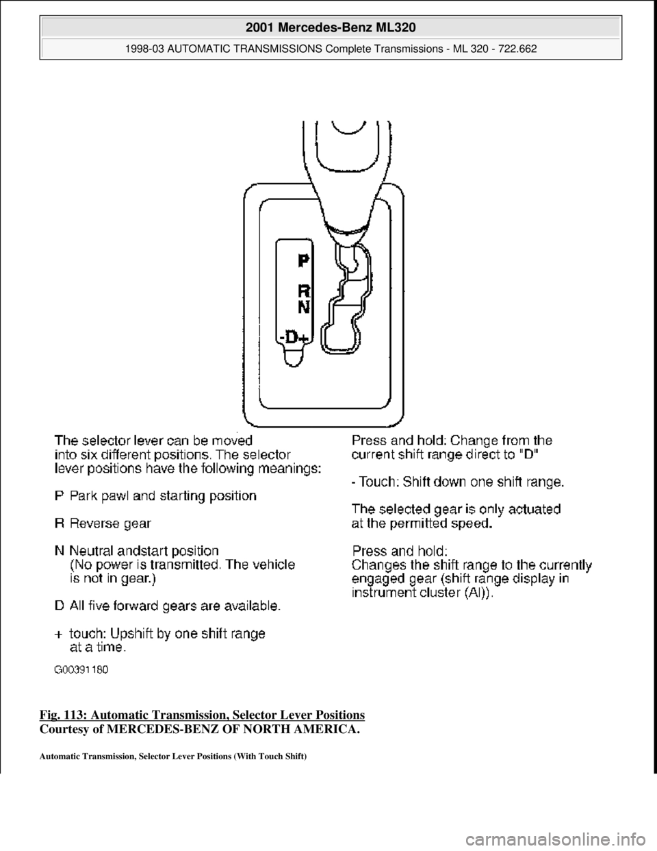 MERCEDES-BENZ ML320 1997  Complete Repair Manual Fig. 113: Automatic Transmission, Selector Lever Positions  
Courtesy of MERCEDES-BENZ OF NORTH AMERICA.   
Automatic Transmission, Selector Lever Positions (With Touch Shift) 
 
2001 Mercedes-Benz ML