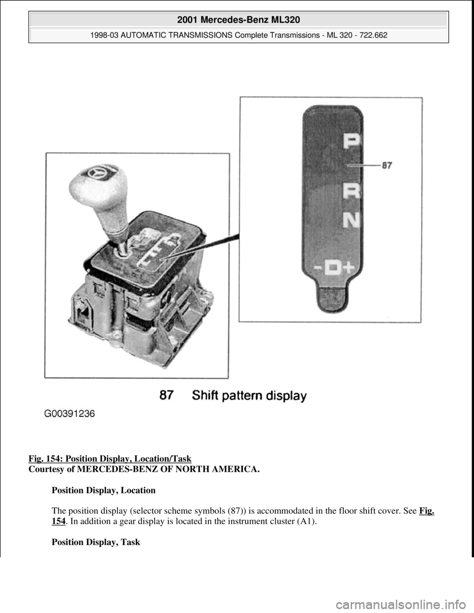 MERCEDES-BENZ ML320 1997  Complete Repair Manual Fig. 154: Position Display, Location/Task 
Courtesy of MERCEDES-BENZ OF NORTH AMERICA. 
Position Display, Location 
 
The position display (selector scheme symbols (87)) is accommodated in the floor s