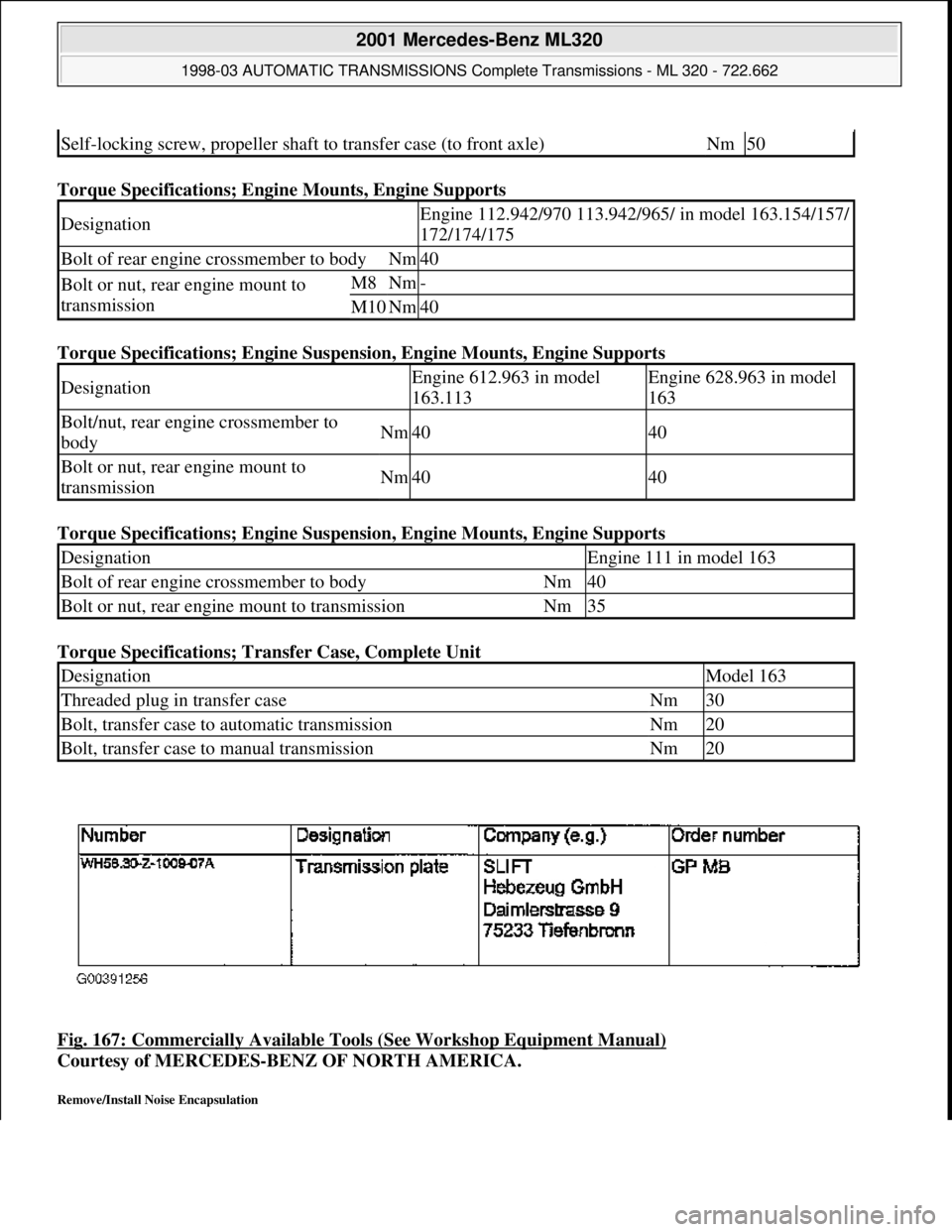 MERCEDES-BENZ ML320 1997 Complete Repair Manual Torque Specifications; Engine Mounts, Engine Supports
Torque Specifications; Engine Suspension, Engine Mounts, Engine Supports
Torque Specifications; Engine Suspension, Engine Mounts, Engine Support MERCEDES-BENZ ML320 1997 Complete Repair Manual Torque Specifications; Engine Mounts, Engine Supports
Torque Specifications; Engine Suspension, Engine Mounts, Engine Supports
Torque Specifications; Engine Suspension, Engine Mounts, Engine Support