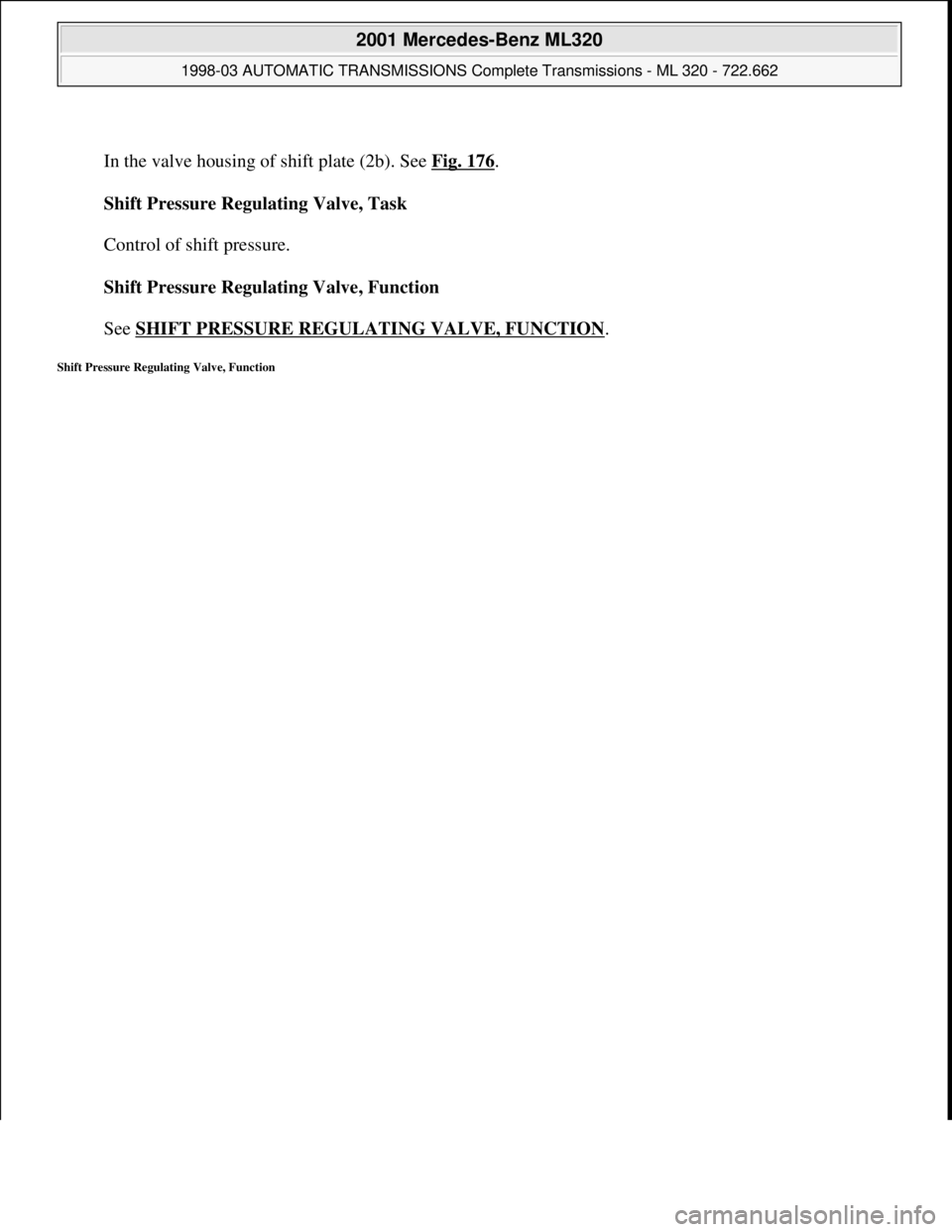 MERCEDES-BENZ ML320 1997  Complete Repair Manual  
In the valve housing of shift plate (2b). See Fig. 176
. 
Shift Pressure Regulating Valve, Task 
 
Control of shift pressure. 
Shift Pressure Regulating Valve, Function 
 
See SHIFT PRESSURE REGULAT