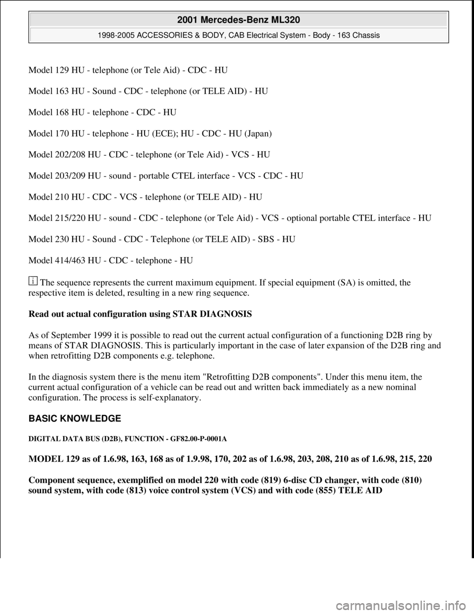 MERCEDES-BENZ ML320 1997 Complete Repair Manual Model 129 HU - telephone (or Tele Aid) - CDC - HU
Model 163 HU - Sound - CDC - telephone (or TELE AID) - HU
Model 168 HU - telephone - CDC - HU
Model 170 HU - telephone - HU (ECE); HU - CDC - HU (Ja MERCEDES-BENZ ML320 1997 Complete Repair Manual Model 129 HU - telephone (or Tele Aid) - CDC - HU
Model 163 HU - Sound - CDC - telephone (or TELE AID) - HU
Model 168 HU - telephone - CDC - HU
Model 170 HU - telephone - HU (ECE); HU - CDC - HU (Ja