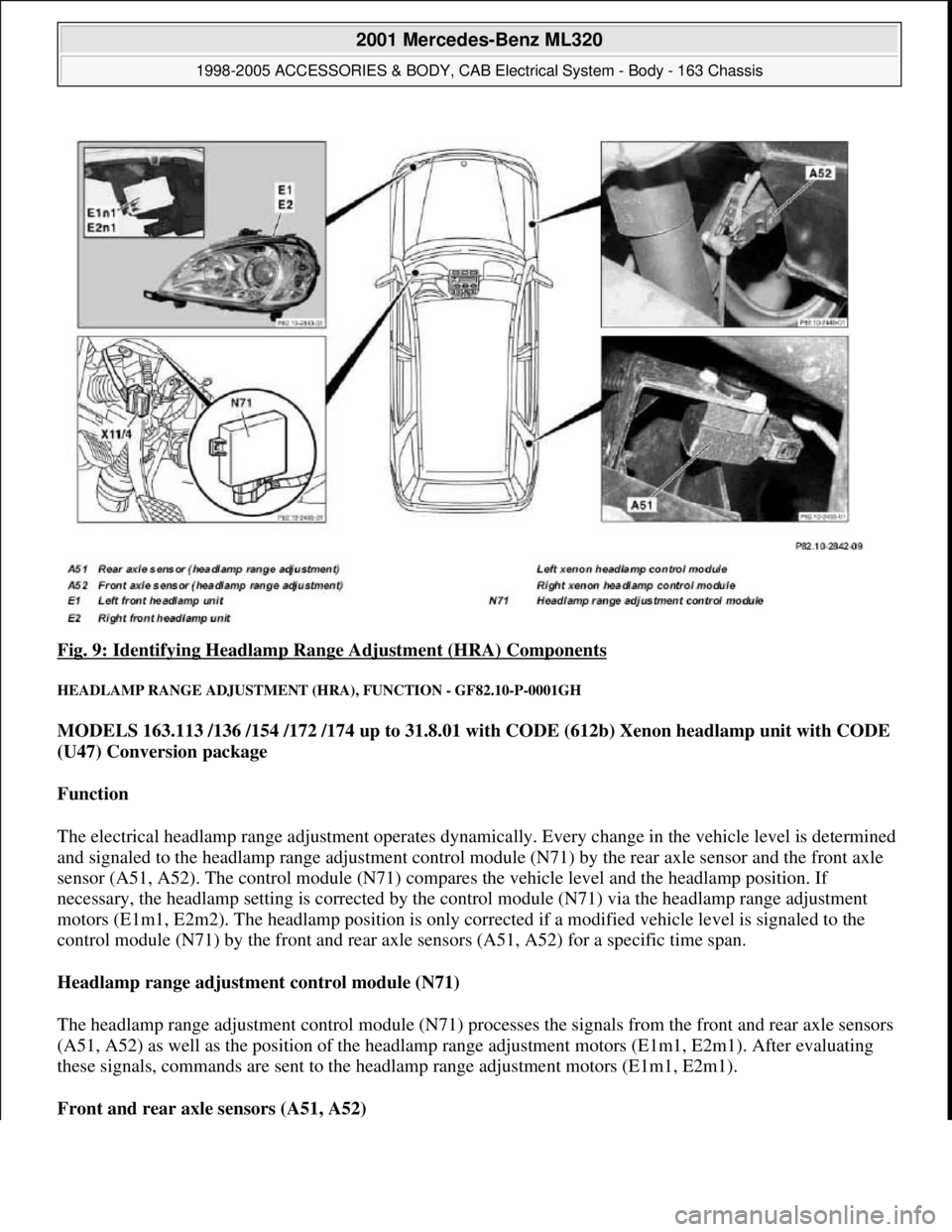 MERCEDES-BENZ ML320 1997 Complete Repair Manual Fig. 9: Identifying Headlamp Range Adjustment (HRA) Components
HEADLAMP RANGE ADJUSTMENT (HRA), FUNCTION - GF82.10-P-0001GH
MODELS 163.113 /136 /154 /172 /174 up to 31.8.01 with CODE (612b) Xenon he MERCEDES-BENZ ML320 1997 Complete Repair Manual Fig. 9: Identifying Headlamp Range Adjustment (HRA) Components
HEADLAMP RANGE ADJUSTMENT (HRA), FUNCTION - GF82.10-P-0001GH
MODELS 163.113 /136 /154 /172 /174 up to 31.8.01 with CODE (612b) Xenon he