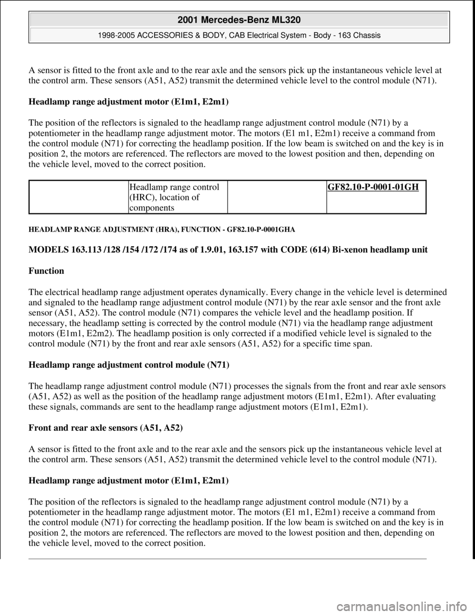 MERCEDES-BENZ ML320 1997 Complete Repair Manual A sensor is fitted to the front axle and to the rear axle and the sensors pick up the instantaneous vehicle level at
the control arm. These sensors (A51, A52) transmit the determined vehicle level to MERCEDES-BENZ ML320 1997 Complete Repair Manual A sensor is fitted to the front axle and to the rear axle and the sensors pick up the instantaneous vehicle level at
the control arm. These sensors (A51, A52) transmit the determined vehicle level to