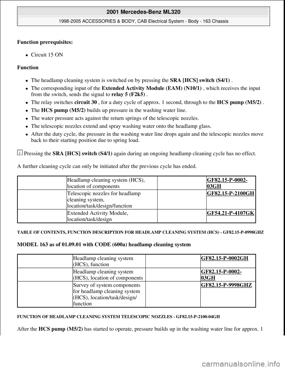 MERCEDES-BENZ ML320 1997  Complete Repair Manual Function prerequisites:  
Circuit 15 ON  
Function  
The headlamp cleaning system is switched on by pressing the SRA [HCS] switch (S4/1) .  
The corresponding input of the Extended Activity M