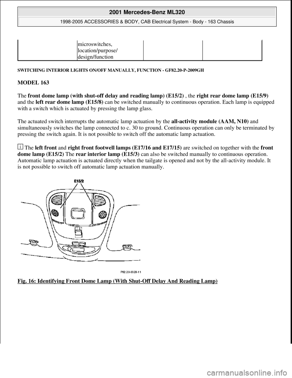 MERCEDES-BENZ ML320 1997 Complete Repair Manual SWITCHING INTERIOR LIGHTS ON/OFF MANUALLY, FUNCTION - GF82.20-P-2009GH
MODEL 163
The front dome lamp (with shut-off delay and reading lamp) (E15/2) , the right rear dome lamp (E15/9)
and the left MERCEDES-BENZ ML320 1997 Complete Repair Manual SWITCHING INTERIOR LIGHTS ON/OFF MANUALLY, FUNCTION - GF82.20-P-2009GH
MODEL 163
The front dome lamp (with shut-off delay and reading lamp) (E15/2) , the right rear dome lamp (E15/9)
and the left