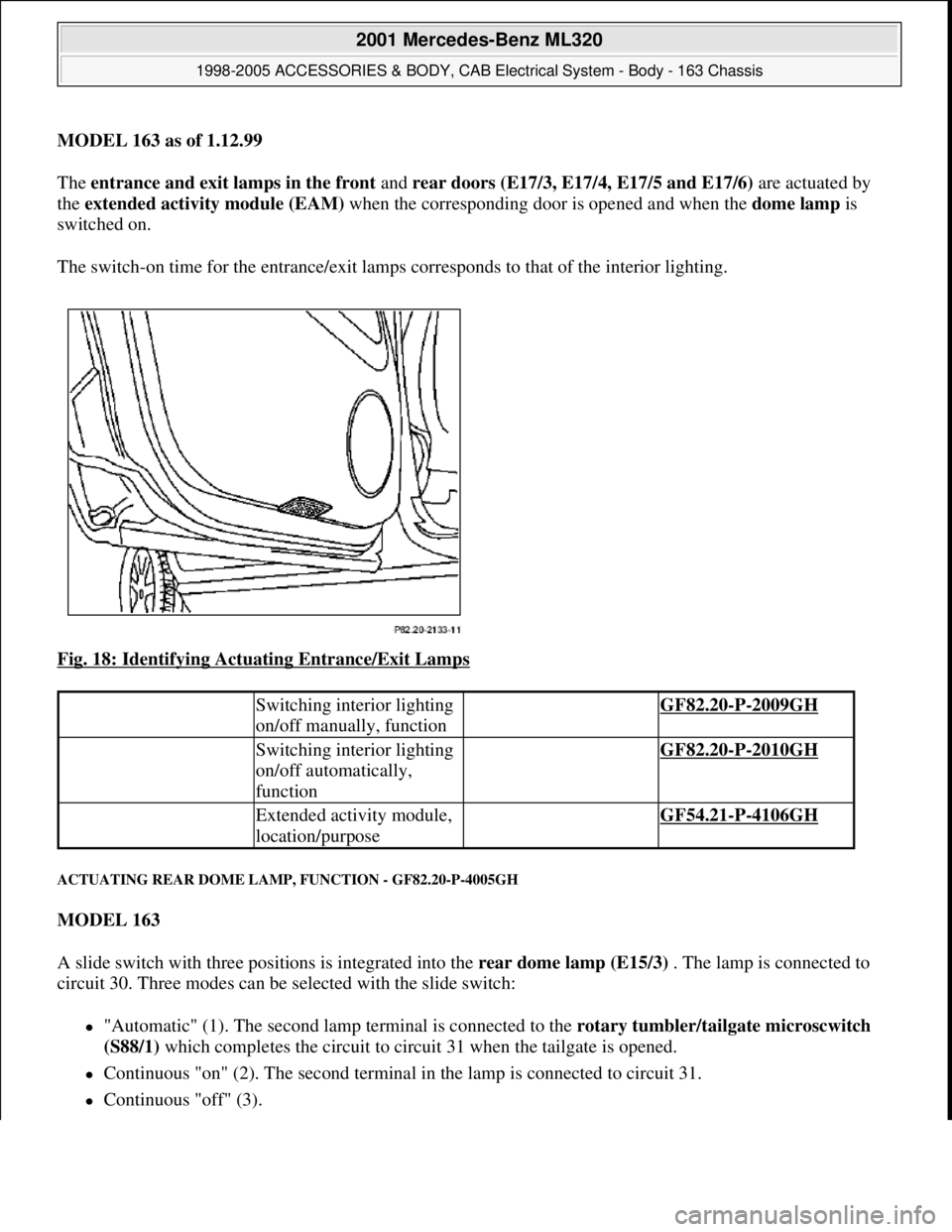 MERCEDES-BENZ ML320 1997 Complete Repair Manual MODEL 163 as of 1.12.99
The entrance and exit lamps in the front and rear doors (E17/3, E17/4, E17/5 and E17/6) are actuated by
the extended activity module (EAM) when the corresponding door is ope MERCEDES-BENZ ML320 1997 Complete Repair Manual MODEL 163 as of 1.12.99
The entrance and exit lamps in the front and rear doors (E17/3, E17/4, E17/5 and E17/6) are actuated by
the extended activity module (EAM) when the corresponding door is ope