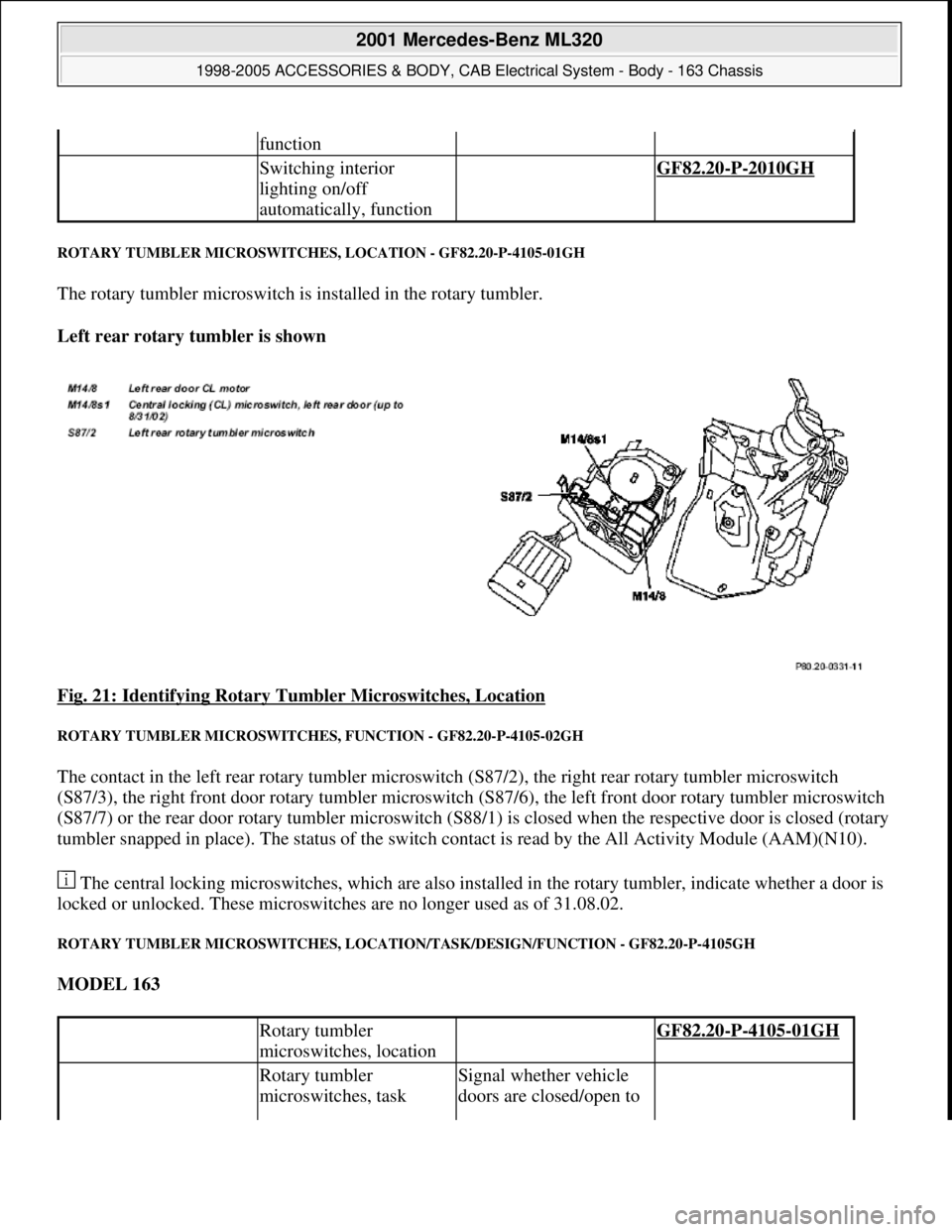 MERCEDES-BENZ ML320 1997 Complete Repair Manual ROTARY TUMBLER MICROSWITCHES, LOCATION - GF82.20-P-4105-01GH
The rotary tumbler microswitch is installed in the rotary tumbler.
Left rear rotary tumbler is shown
Fig. 21: Identifying Rotary Tumble MERCEDES-BENZ ML320 1997 Complete Repair Manual ROTARY TUMBLER MICROSWITCHES, LOCATION - GF82.20-P-4105-01GH
The rotary tumbler microswitch is installed in the rotary tumbler.
Left rear rotary tumbler is shown
Fig. 21: Identifying Rotary Tumble
