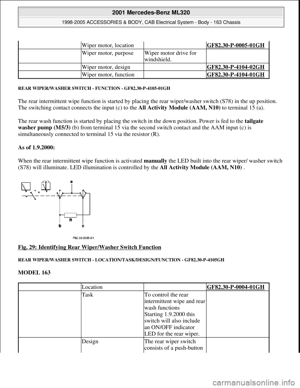 MERCEDES-BENZ ML320 1997 Complete Repair Manual REAR WIPER/WASHER SWITCH - FUNCTION - GF82.30-P-4105-01GH
The rear intermittent wipe function is started by placing the rear wiper/washer switch (S78) in the up position.
The switching contact conne MERCEDES-BENZ ML320 1997 Complete Repair Manual REAR WIPER/WASHER SWITCH - FUNCTION - GF82.30-P-4105-01GH
The rear intermittent wipe function is started by placing the rear wiper/washer switch (S78) in the up position.
The switching contact conne
