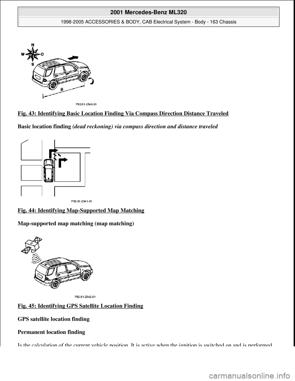 MERCEDES-BENZ ML320 1997  Complete Repair Manual Fig. 43: Identifying Basic Location Finding  Via Compass Direction Distance Traveled  
Basic location finding   (dead reckoning) via compass  direction and distance traveled    
Fig. 44: Identifying M