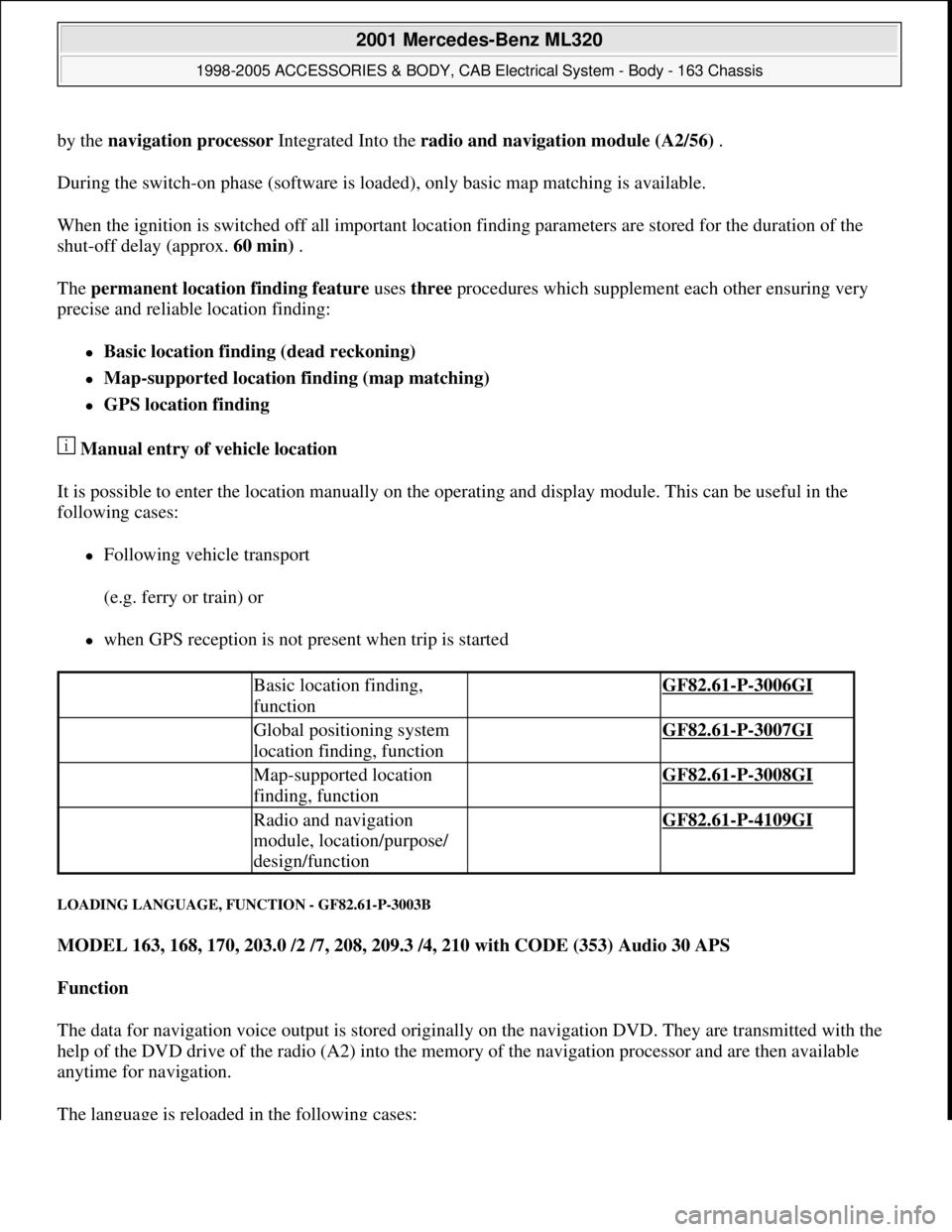 MERCEDES-BENZ ML320 1997 Complete Repair Manual by the navigation processor Integrated Into the radio and navigation module (A2/56) .
During the switch-on phase (software is loaded), only basic map matching is available.
When the ignition is swit MERCEDES-BENZ ML320 1997 Complete Repair Manual by the navigation processor Integrated Into the radio and navigation module (A2/56) .
During the switch-on phase (software is loaded), only basic map matching is available.
When the ignition is swit
