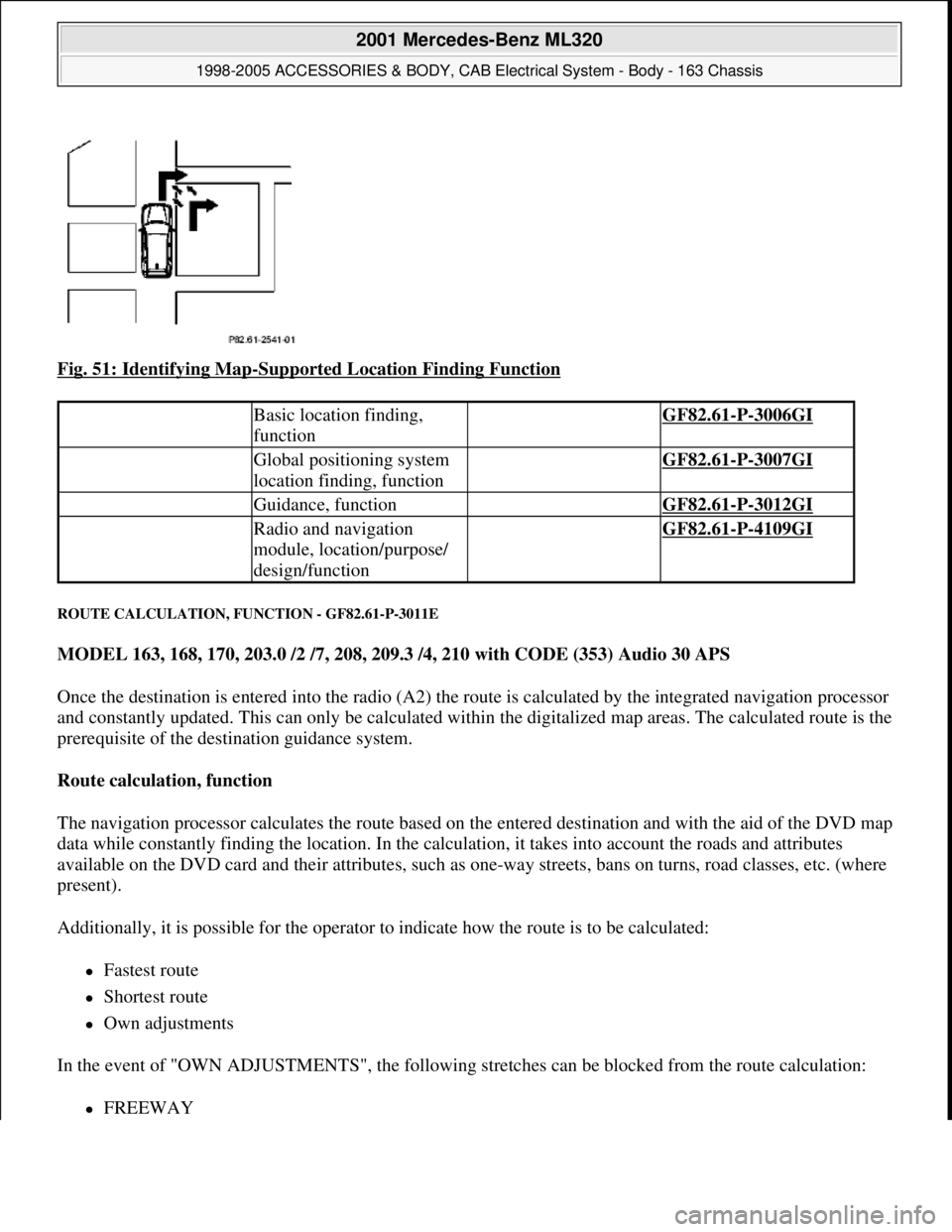 MERCEDES-BENZ ML320 1997  Complete Repair Manual Fig. 51: Identifying Map-Supported Location Finding Function 
ROUTE CALCULATION, FUNCTION - GF82.61-P-3011E 
MODEL 163, 168, 170, 203.0 /2 /7, 208, 209.3 /4, 210 with CODE (353) Audio 30 APS  
Once th