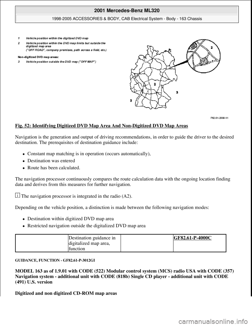 MERCEDES-BENZ ML320 1997 Complete Repair Manual Fig. 52: Identifying Digitized DVD Map Area And Non-Digitized DVD Map Areas
Navigation is the generation and output of driving recommendations, in order to guide the driver to the desired
destinatio MERCEDES-BENZ ML320 1997 Complete Repair Manual Fig. 52: Identifying Digitized DVD Map Area And Non-Digitized DVD Map Areas
Navigation is the generation and output of driving recommendations, in order to guide the driver to the desired
destinatio