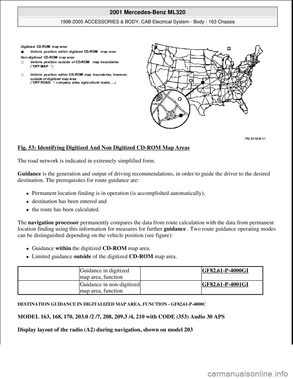 MERCEDES-BENZ ML320 1997 Complete Repair Manual Fig. 53: Identifying Digitized And Non Digitized CD-ROM Map Areas
The road network is indicated in extremely simplified form.
Guidance is the generation and output of driving recommendations, in ord MERCEDES-BENZ ML320 1997 Complete Repair Manual Fig. 53: Identifying Digitized And Non Digitized CD-ROM Map Areas
The road network is indicated in extremely simplified form.
Guidance is the generation and output of driving recommendations, in ord