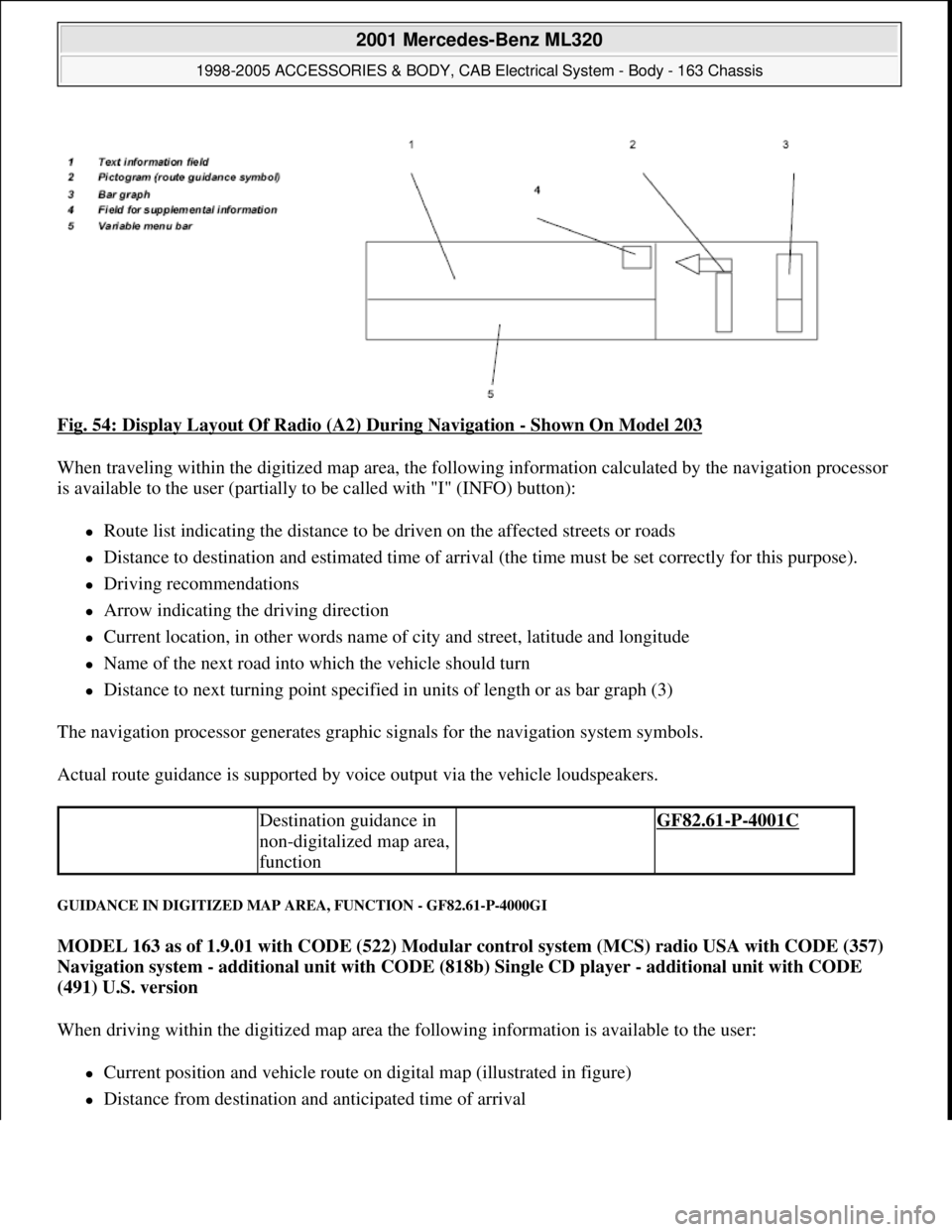 MERCEDES-BENZ ML320 1997 Complete Repair Manual Fig. 54: Display Layout Of Radio (A2) During Navigation - Shown On Model 203
When traveling within the digitized map area, the following information calculated by the navigation processor
is availab MERCEDES-BENZ ML320 1997 Complete Repair Manual Fig. 54: Display Layout Of Radio (A2) During Navigation - Shown On Model 203
When traveling within the digitized map area, the following information calculated by the navigation processor
is availab