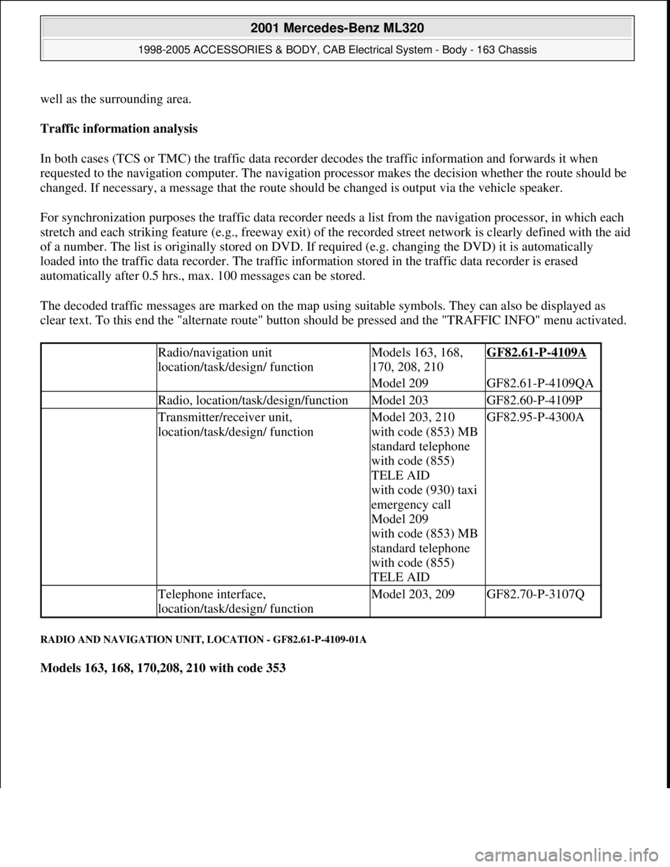 MERCEDES-BENZ ML320 1997 Complete Repair Manual well as the surrounding area.
Traffic information analysis
In both cases (TCS or TMC) the traffic data recorder decodes the traffic information and forwards it when
requested to the navigation com MERCEDES-BENZ ML320 1997 Complete Repair Manual well as the surrounding area.
Traffic information analysis
In both cases (TCS or TMC) the traffic data recorder decodes the traffic information and forwards it when
requested to the navigation com