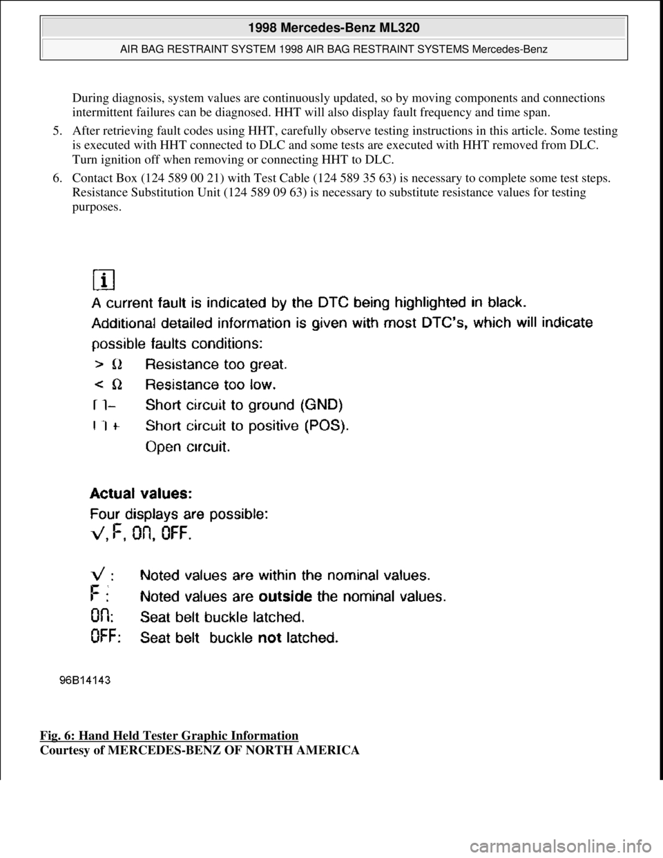 MERCEDES-BENZ ML320 1997  Complete Repair Manual During diagnosis, system values are continuously updated, so by moving components and connections 
intermittent failures can be diagnosed. HHT will also display fault frequency and time span.  
5. Aft