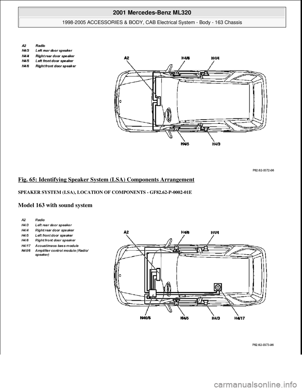 MERCEDES-BENZ ML320 1997  Complete Repair Manual Fig. 65: Identifying Speaker System  (LSA) Components Arrangement 
SPEAKER SYSTEM (LSA), LOCATION  OF COMPONENTS - GF82.62-P-0002-01E 
Model 163 with sound system  
 
2001 Mercedes-Benz ML320 
1998-20