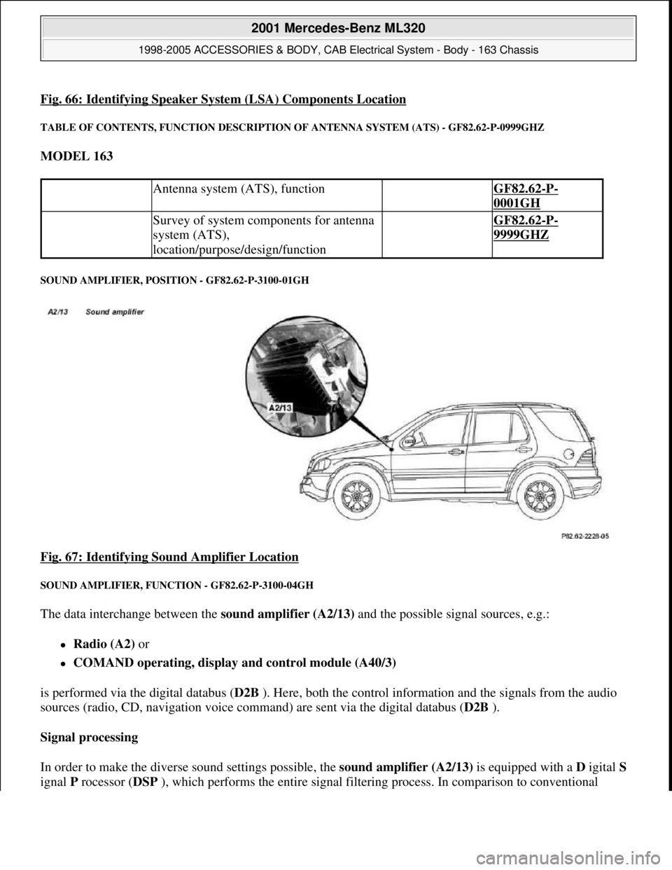 MERCEDES-BENZ ML320 1997  Complete Repair Manual Fig. 66: Identifying Speaker System (LSA) Components Location
TABLE OF CONTENTS, FUNCTION DESCRIPTION OF ANTENNA SYSTEM (ATS) - GF82.62-P-0999GHZ 
MODEL 163  
SOUND AMPLIFIER, POSITION - GF82.62-P-310