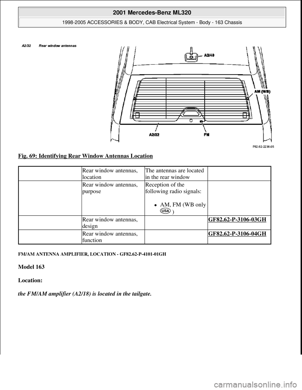 MERCEDES-BENZ ML320 1997  Complete Repair Manual Fig. 69: Identifying Rear Window Antennas Location 
FM/AM ANTENNA AMPLIFIER, LOCATION - GF82.62-P-4101-01GH 
Model 163  
Location:  
the FM/AM amplifier (A2/18) is located in the tailgate.
 Rear windo
