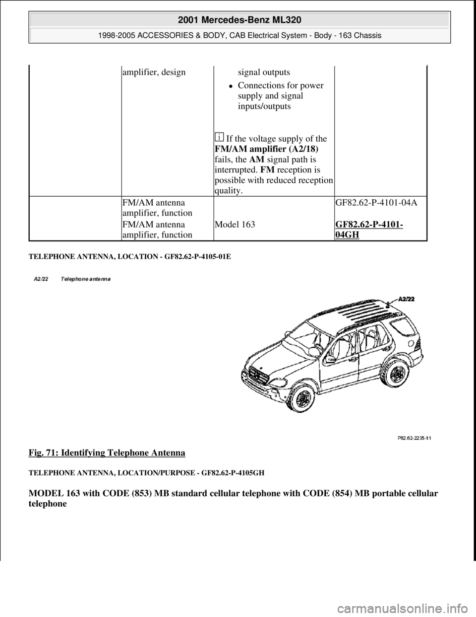 MERCEDES-BENZ ML320 1997  Complete Repair Manual TELEPHONE ANTENNA, LOCATION - GF82.62-P-4105-01E 
Fig. 71: Identifying Telephone Antenna 
TELEPHONE ANTENNA, LOCATION/PURPOSE - GF82.62-P-4105GH 
MODEL 163 with CODE (853) MB standard cellular telepho