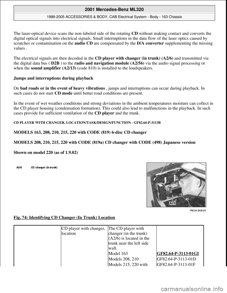 MERCEDES-BENZ ML320 1997 Complete Repair Manual The laser-optical device scans the non-labeled side of the rotating CDwithout making contact and converts the
digital optical signals into electrical signals. Small interruptions in the data flow of MERCEDES-BENZ ML320 1997 Complete Repair Manual The laser-optical device scans the non-labeled side of the rotating CDwithout making contact and converts the
digital optical signals into electrical signals. Small interruptions in the data flow of