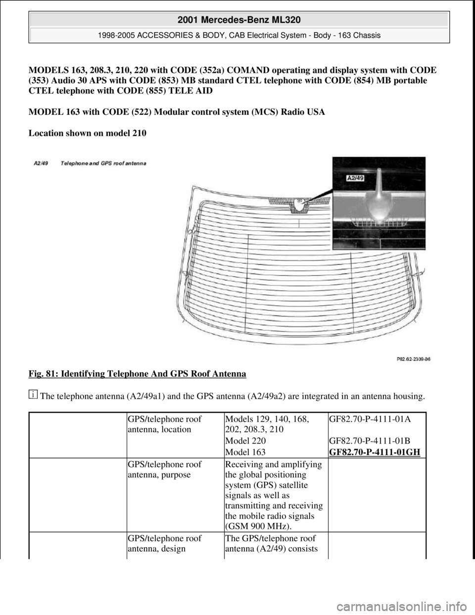 MERCEDES-BENZ ML320 1997 Complete Repair Manual MODELS 163, 208.3, 210, 220 with CODE (352a) COMAND operating and display system with CODE
(353) Audio 30 APS with CODE (853) MB standard CTEL telephone with CODE (854) MB portable
CTEL telephone wi MERCEDES-BENZ ML320 1997 Complete Repair Manual MODELS 163, 208.3, 210, 220 with CODE (352a) COMAND operating and display system with CODE
(353) Audio 30 APS with CODE (853) MB standard CTEL telephone with CODE (854) MB portable
CTEL telephone wi