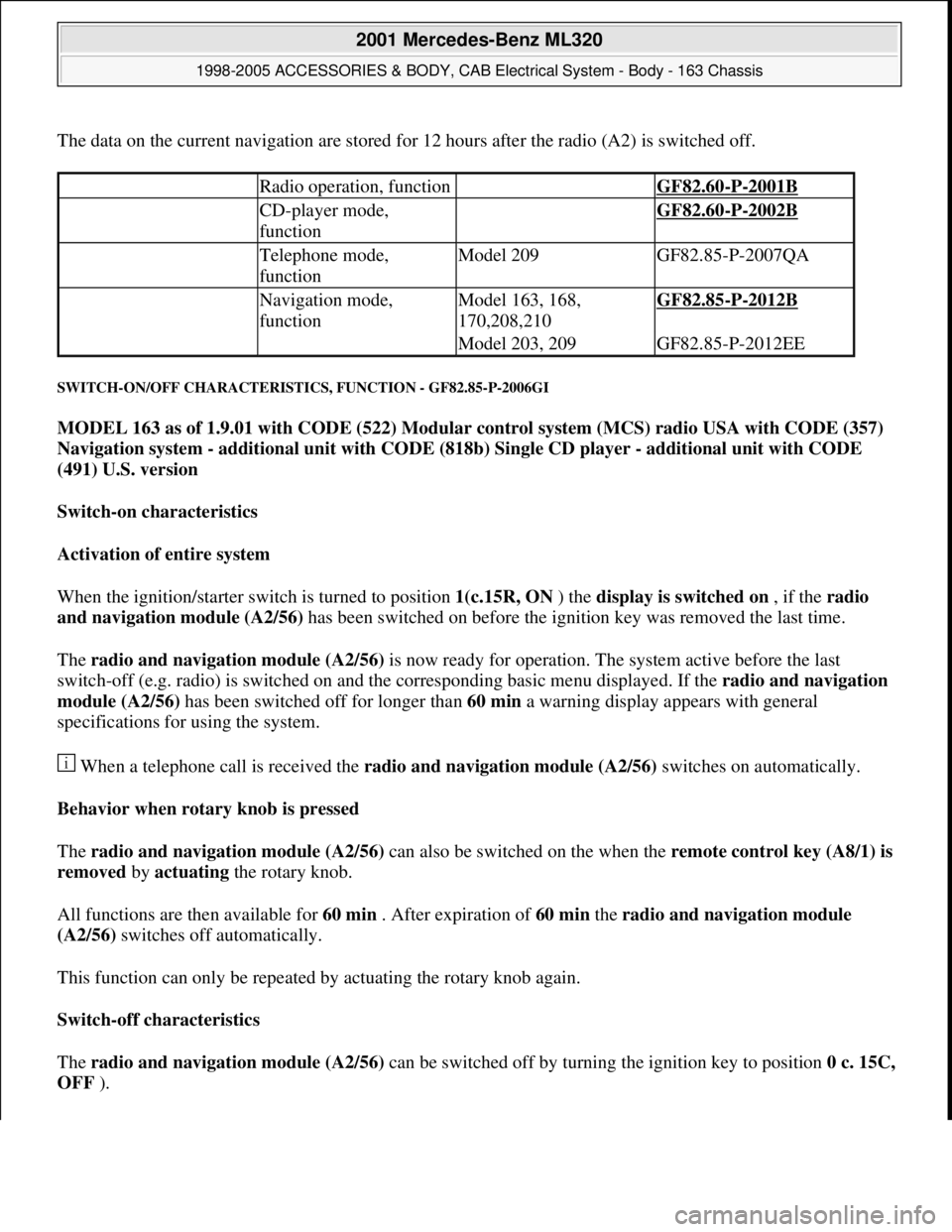 MERCEDES-BENZ ML320 1997 Complete Repair Manual The data on the current navigation are stored for 12 hours after the radio (A2) is switched off.
SWITCH-ON/OFF CHARACTERISTICS, FUNCTION - GF82.85-P-2006GI
MODEL 163 as of 1.9.01 with CODE (522) Mod MERCEDES-BENZ ML320 1997 Complete Repair Manual The data on the current navigation are stored for 12 hours after the radio (A2) is switched off.
SWITCH-ON/OFF CHARACTERISTICS, FUNCTION - GF82.85-P-2006GI
MODEL 163 as of 1.9.01 with CODE (522) Mod