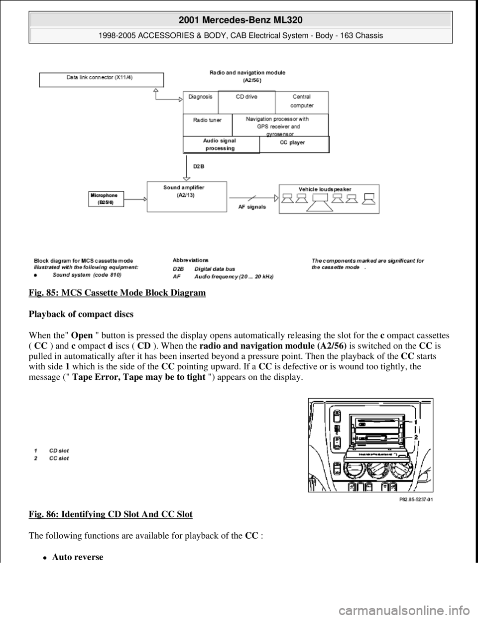 MERCEDES-BENZ ML320 1997  Complete Repair Manual Fig. 85: MCS Cassette Mode Block Diagram  
Playback of compact discs     
When the"   Open " button is pressed the display opens au tomatically releasing the slot for the compact cassettes  
(   CC  )