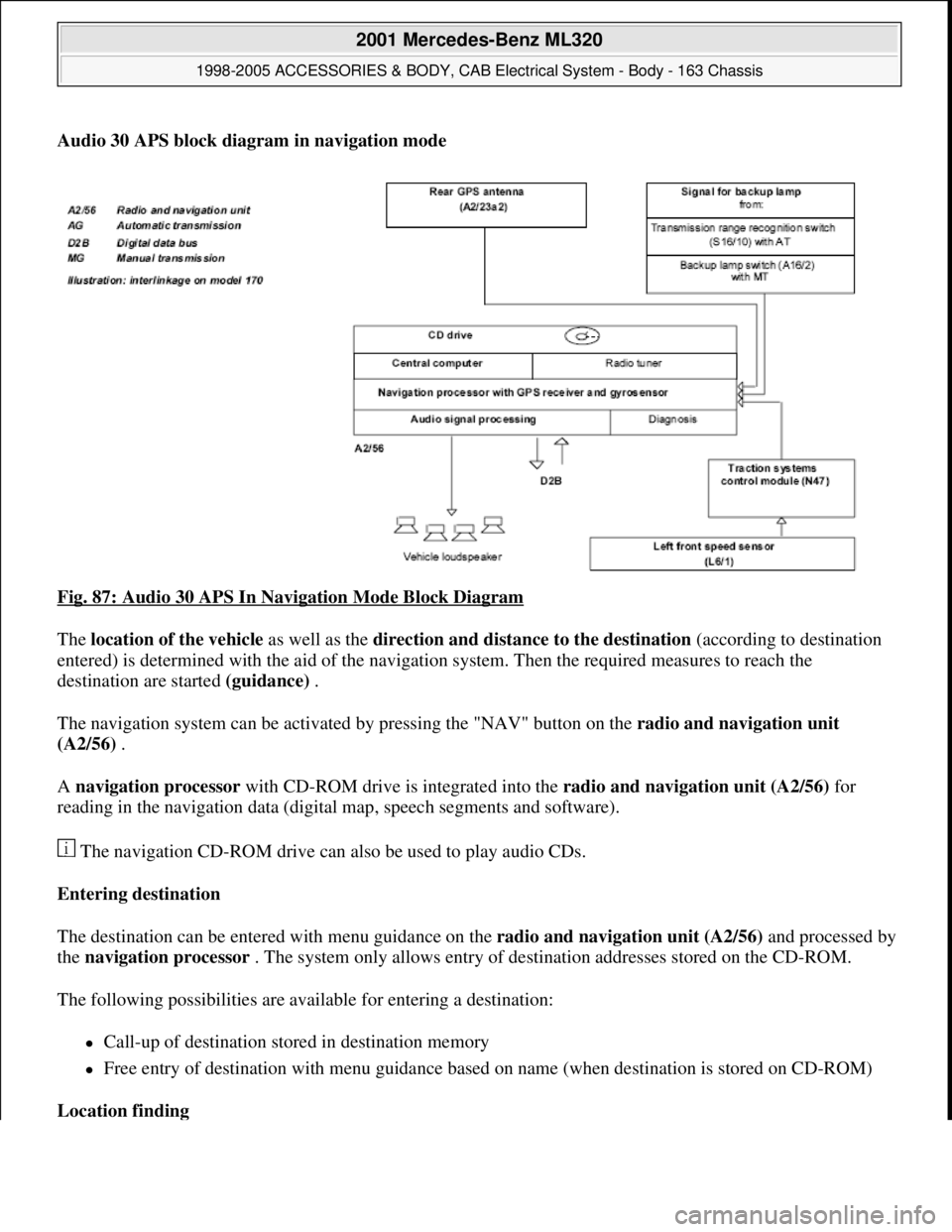 MERCEDES-BENZ ML320 1997 Complete Repair Manual Audio 30 APS block diagram in navigation mode
Fig. 87: Audio 30 APS In Navigation Mode Block Diagram
The location of the vehicle as well as the direction and distance to the destination (according t MERCEDES-BENZ ML320 1997 Complete Repair Manual Audio 30 APS block diagram in navigation mode
Fig. 87: Audio 30 APS In Navigation Mode Block Diagram
The location of the vehicle as well as the direction and distance to the destination (according t