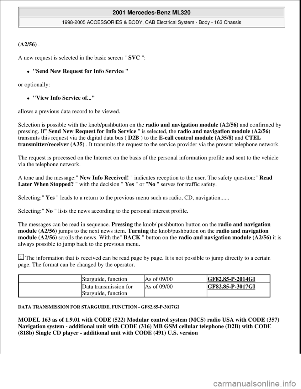 MERCEDES-BENZ ML320 1997 Complete Repair Manual (A2/56) .
A new request is selected in the basic screen " SVC ":
"Send New Request for Info Service "
or optionally:
"View Info Service of..."
allows a previous data record to be viewed. MERCEDES-BENZ ML320 1997 Complete Repair Manual (A2/56) .
A new request is selected in the basic screen " SVC ":
"Send New Request for Info Service "
or optionally:
"View Info Service of..."
allows a previous data record to be viewed.
