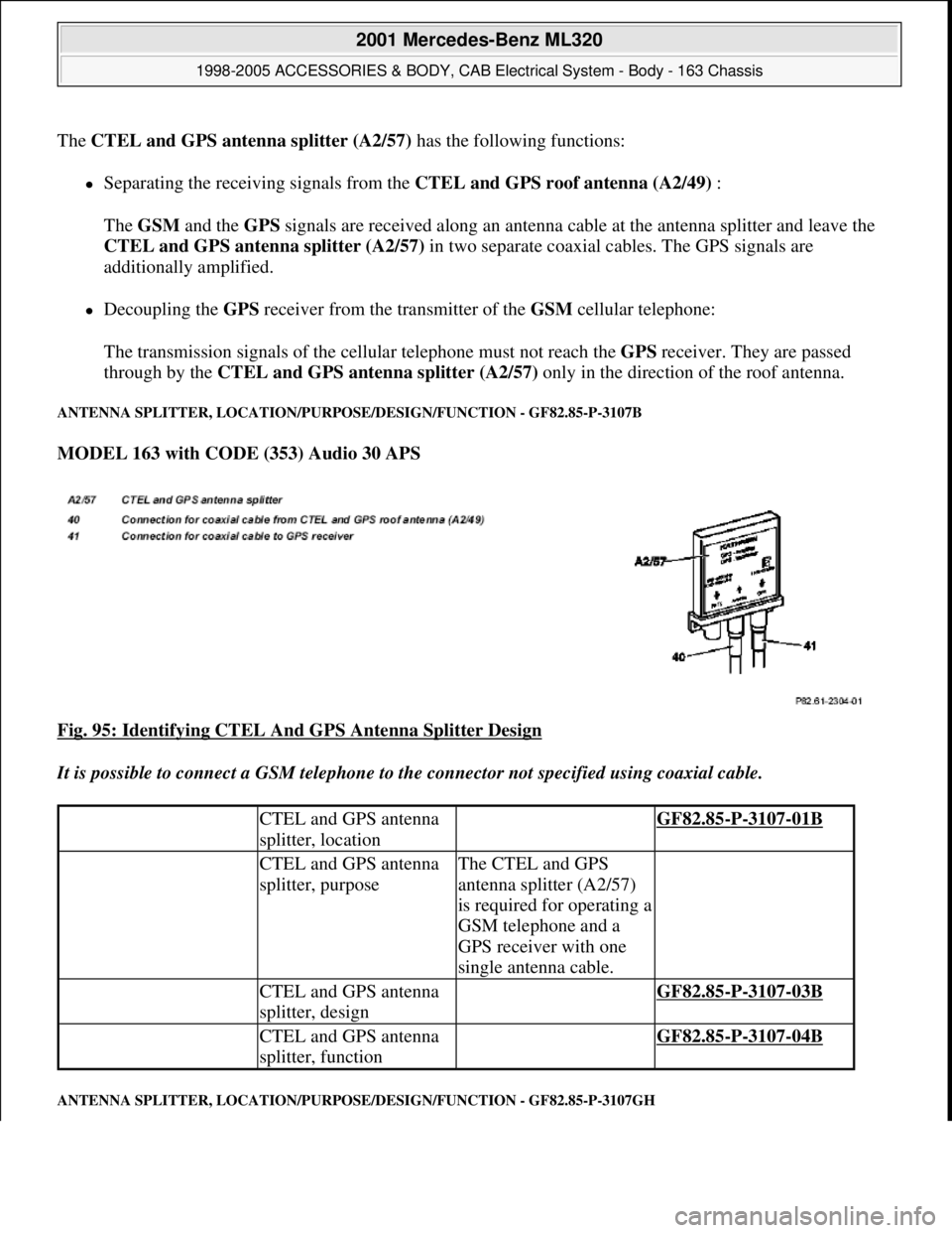 MERCEDES-BENZ ML320 1997 Complete Repair Manual The CTEL and GPS antenna splitter (A2/57)has the following functions:
Separating the receiving signals from the CTEL and GPS roof antenna (A2/49) :
The GSM and the GPS signals are received along a MERCEDES-BENZ ML320 1997 Complete Repair Manual The CTEL and GPS antenna splitter (A2/57)has the following functions:
Separating the receiving signals from the CTEL and GPS roof antenna (A2/49) :
The GSM and the GPS signals are received along a