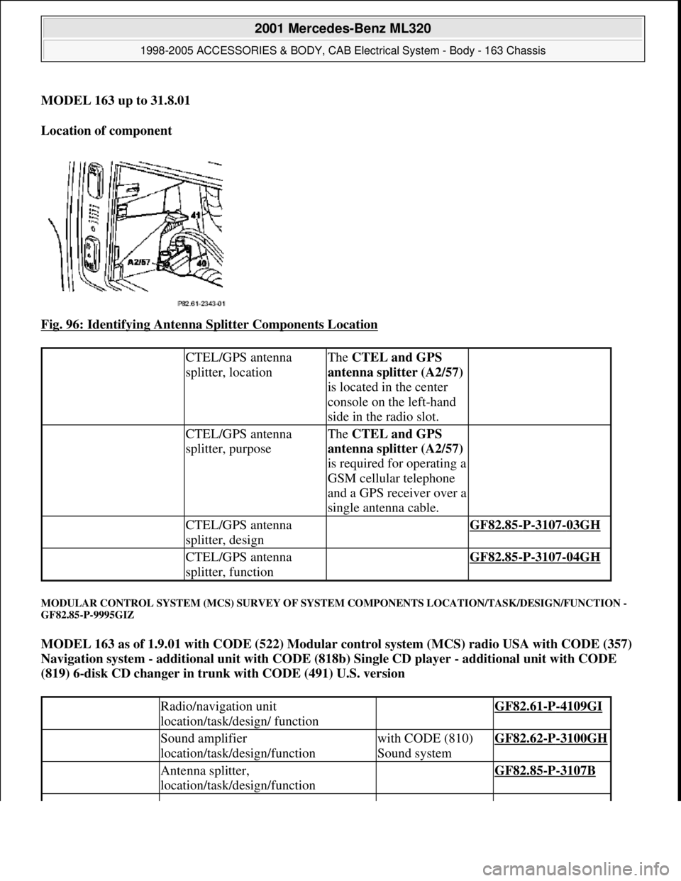 MERCEDES-BENZ ML320 1997 Complete Repair Manual MODEL 163 up to 31.8.01
Location of component
Fig. 96: Identifying Antenna Splitter Components Location
MODULAR CONTROL SYSTEM (MCS) SURVEY OF SYSTEM COMPONENTS LOCATION/TASK/DESIGN/FUNCTION -
MERCEDES-BENZ ML320 1997 Complete Repair Manual MODEL 163 up to 31.8.01
Location of component
Fig. 96: Identifying Antenna Splitter Components Location
MODULAR CONTROL SYSTEM (MCS) SURVEY OF SYSTEM COMPONENTS LOCATION/TASK/DESIGN/FUNCTION -