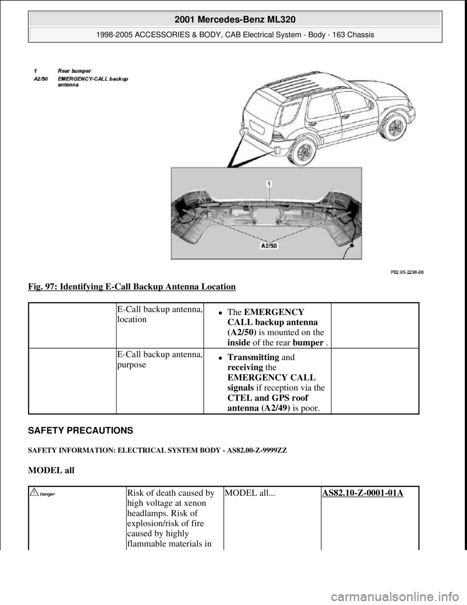 MERCEDES-BENZ ML320 1997  Complete Repair Manual Fig. 97: Identifying E-Call Backup Antenna Location 
SAFETY PRECAUTIONS 
SAFETY INFORMATION: ELECTRICAL SYSTEM BODY - AS82.00-Z-9999ZZ 
MODEL all  
 E-Call backup antenna, 
locationThe EMERGENCY 
C