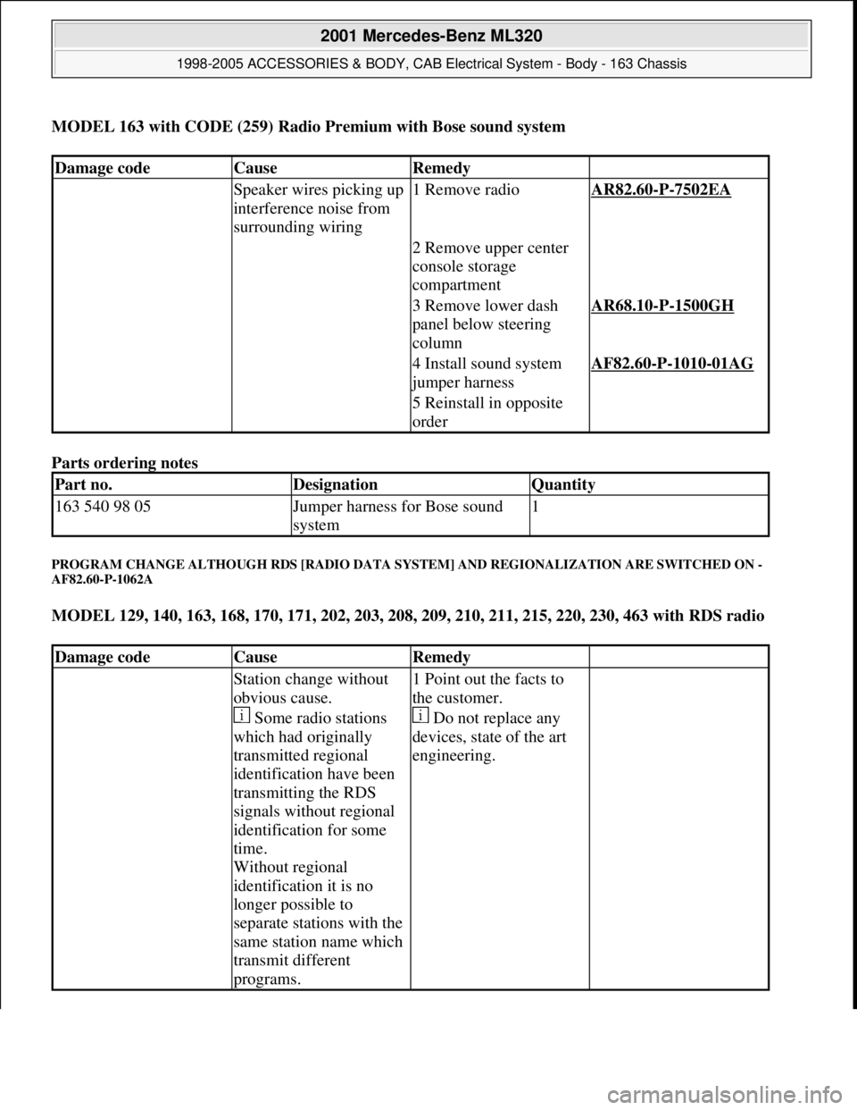 MERCEDES-BENZ ML320 1997  Complete Repair Manual MODEL 163 with CODE (259) Radio Premium with Bose sound system
Parts ordering notes 
PROGRAM CHANGE ALTHOUGH RDS [RADIO DATA SYSTEM] AND REGIONALIZATION ARE SWITCHED ON - 
AF82.60-P-1062A 
MODEL 129, 