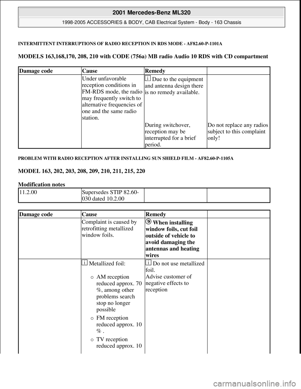 MERCEDES-BENZ ML320 1997  Complete Repair Manual INTERMITTENT INTERRUPTIONS OF RADIO RECEPTION IN RDS MODE - AF82.60-P-1101A 
MODELS 163,168,170, 208, 210 with CODE (756a) MB radio Audio 10 RDS with CD compartment  
PROBLEM WITH RADIO RECEPTION AFTE