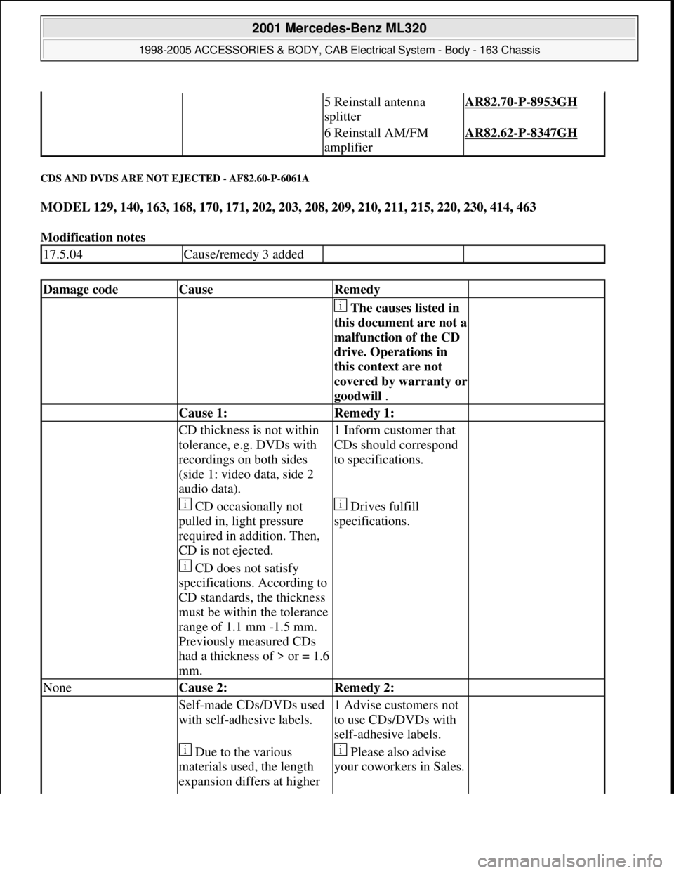 MERCEDES-BENZ ML320 1997  Complete Repair Manual CDS AND DVDS ARE NOT EJECTED - AF82.60-P-6061A 
MODEL 129, 140, 163, 168, 170, 171, 202, 203, 208, 209, 210, 211, 215, 220, 230, 414, 463  
Modification notes 
  5 Reinstall antenna 
splitterAR82.70-P