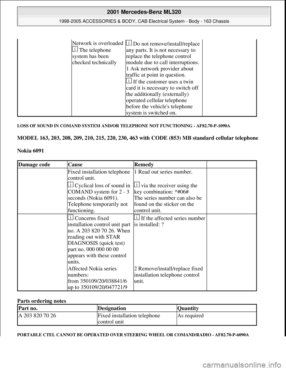 MERCEDES-BENZ ML320 1997  Complete Repair Manual LOSS OF SOUND IN COMAND SYSTEM AND/OR TELEPHONE NOT FUNCTIONING - AF82.70-P-1090A 
MODEL 163, 203, 208, 209, 210, 215, 220, 230, 463 with CODE (853) MB standard cellular telephone  
Nokia 6091  
Parts