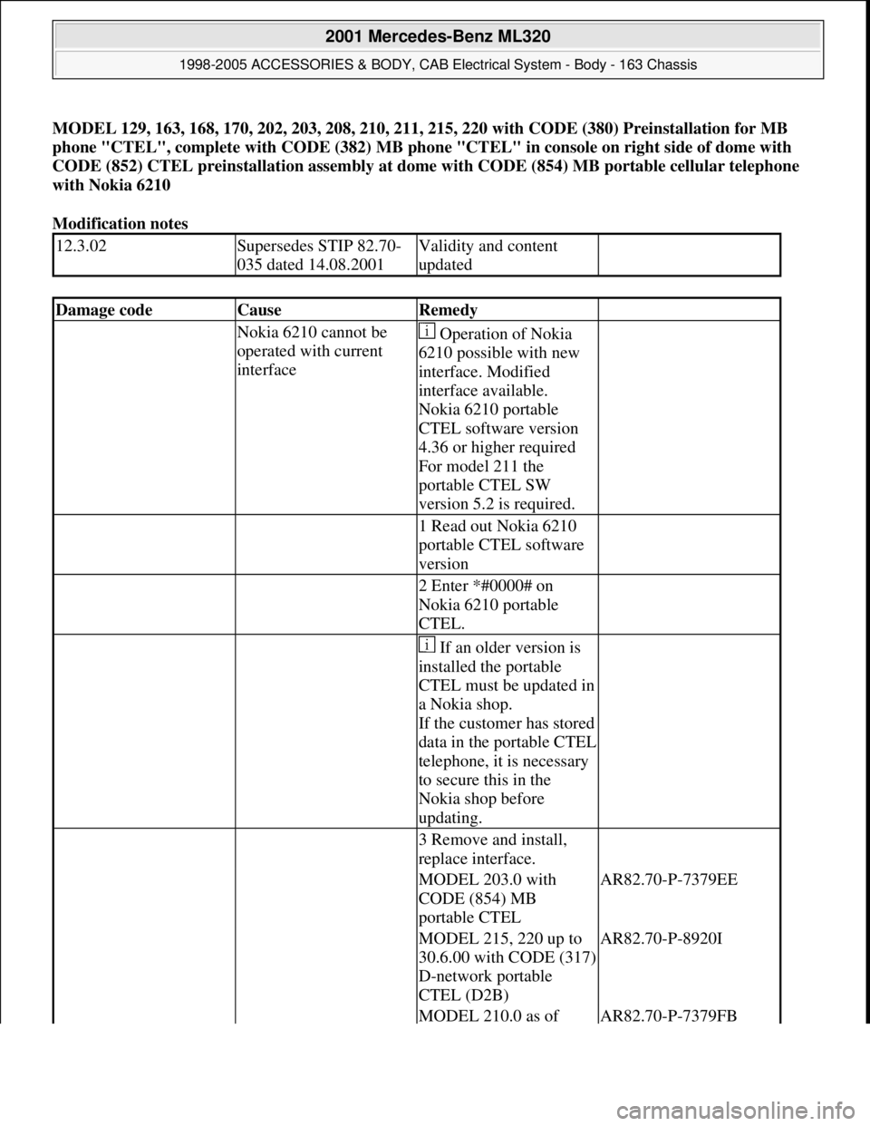 MERCEDES-BENZ ML320 1997  Complete Repair Manual MODEL 129, 163, 168, 170, 202, 203, 208, 210, 211, 215, 220 with CODE (380) Preinstallation for MB 
phone "CTEL", complete with CODE (382) MB phone "CTEL" in console on right side of dome with 
CODE (
