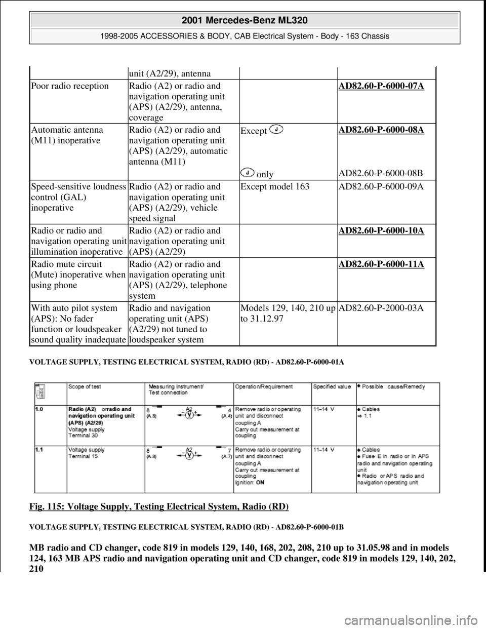 MERCEDES-BENZ ML320 1997 Complete Repair Manual VOLTAGE SUPPLY, TESTING ELECTRICAL SYSTEM, RADIO (RD) - AD82.60-P-6000-01A
Fig. 115: Voltage Supply, Testing Electrical System, Radio (RD)
VOLTAGE SUPPLY, TESTING ELECTRICAL SYSTEM, RADIO (RD) - AD8 MERCEDES-BENZ ML320 1997 Complete Repair Manual VOLTAGE SUPPLY, TESTING ELECTRICAL SYSTEM, RADIO (RD) - AD82.60-P-6000-01A
Fig. 115: Voltage Supply, Testing Electrical System, Radio (RD)
VOLTAGE SUPPLY, TESTING ELECTRICAL SYSTEM, RADIO (RD) - AD8